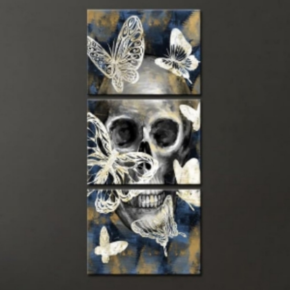 Skull Butterflies Gallery Wrapped Set of 3 Canvas Big Wall Art Gothic Goth New